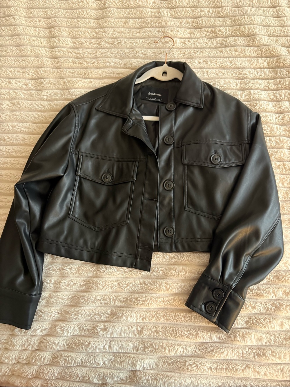 stradivarius Black Cropped Faux Leather Button-Front Jacket